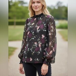 Chic Floral Women's Blouse in Black and Pink